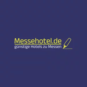 Logo Messehotel.de blauer Hintergrund und gelbe Schrift